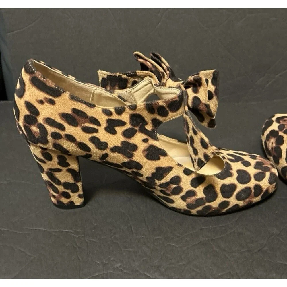 Maiernisi Jessi Leopard Print Dress Shoes Heels Bow Detail Block Heel  Size 9.5
